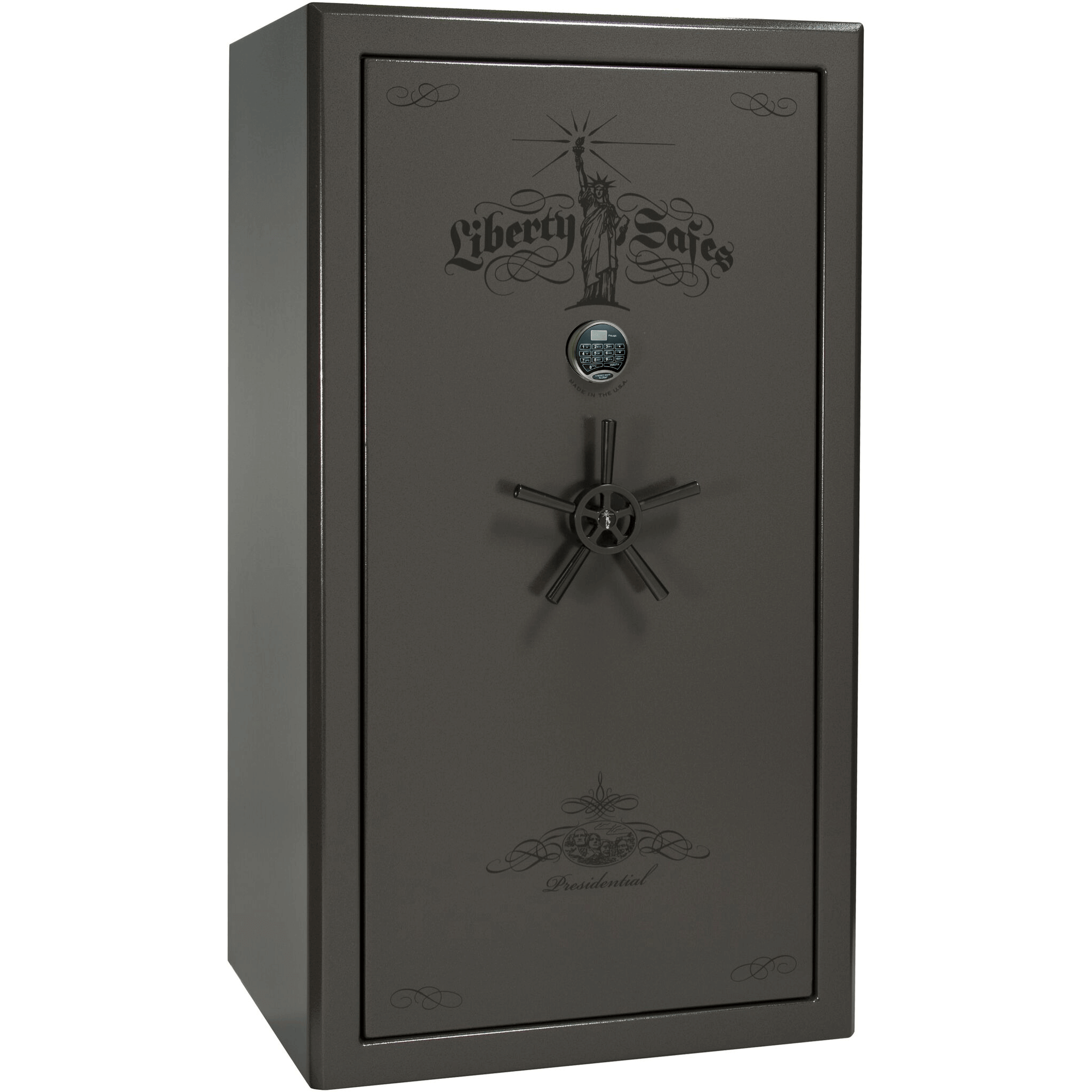 Presidential Series | Level 8 Security | 2.5 Hours Fire Protection | 40 | Dimensions: 66.5"(H) x 36.25"(W) x 27.75"(D*) | Gray Marble | Black Chrome Hardware | Electronic Lock