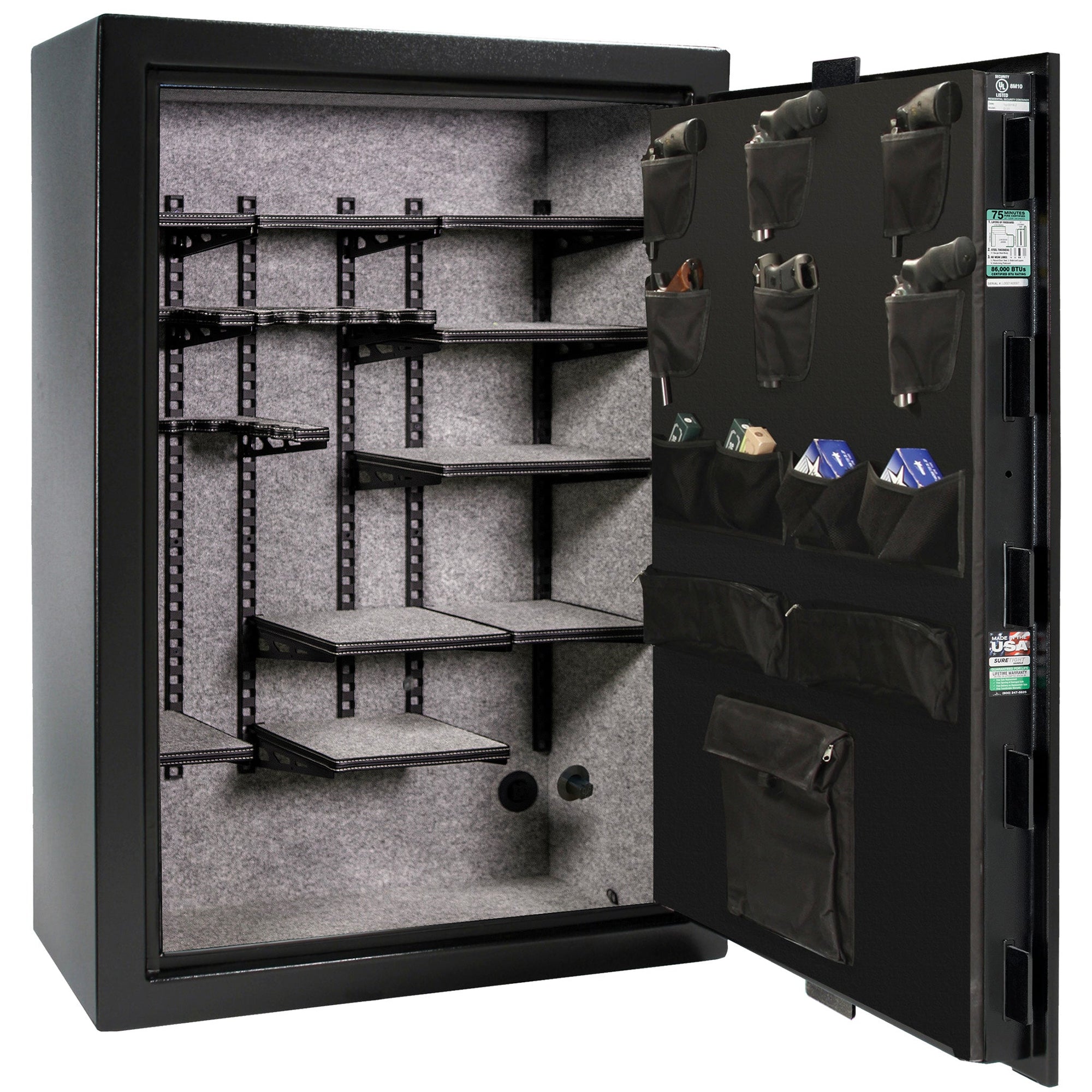 Colonial 35 | Pro Flex Interior | Level 4 Security | 75 Minute Fire Protection | Dimensions: 60.5"(H) x 42"(W) x 22"(D) | Up to 45 Long Guns | Black Textured | Mechanical Lock – Open