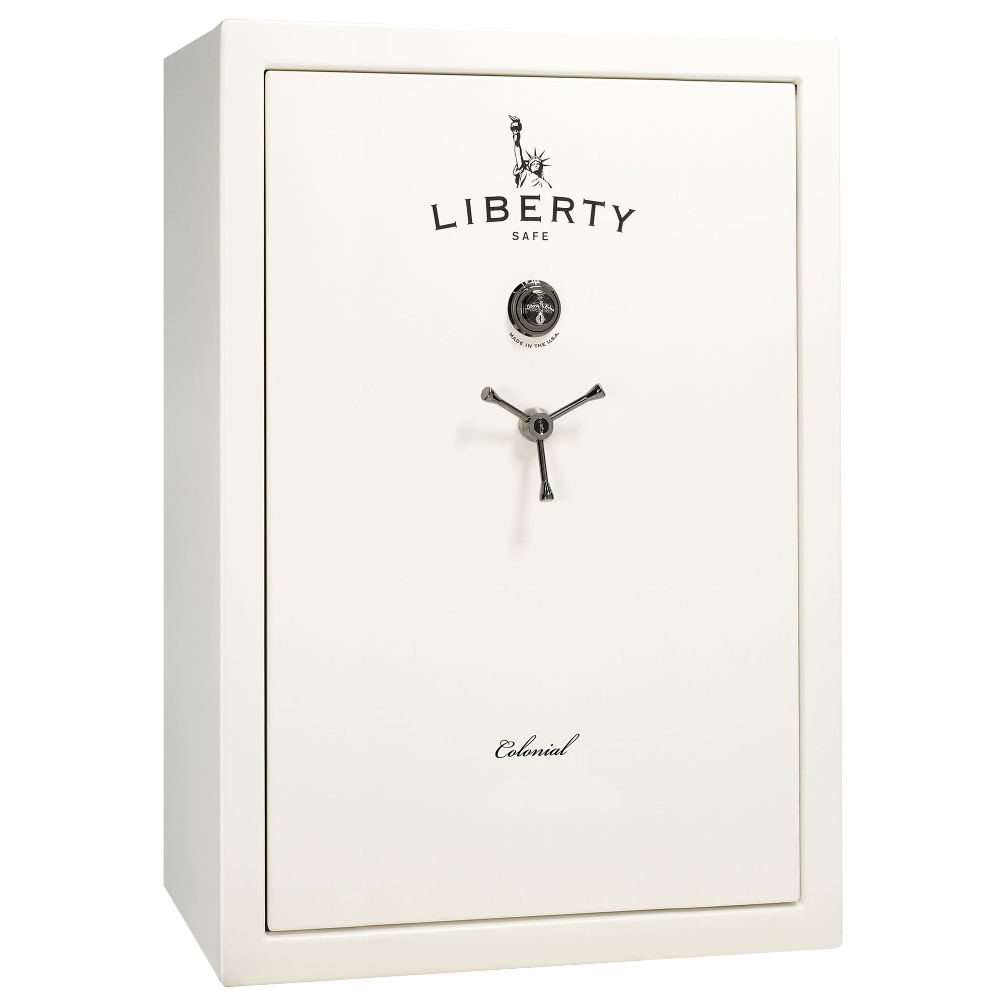 Colonial 35 | Pro Flex Interior | Level 4 Security | 75 Minute Fire Protection | Dimensions: 60.5"(H) x 42"(W) x 22"(D) | Up to 45 Long Guns | White Gloss Black Chrome | Mechanical Lock - Closed